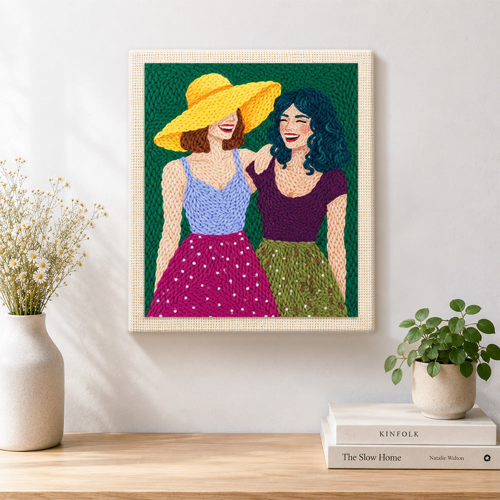 Finished best friends laughing artwork displayed on a wall
