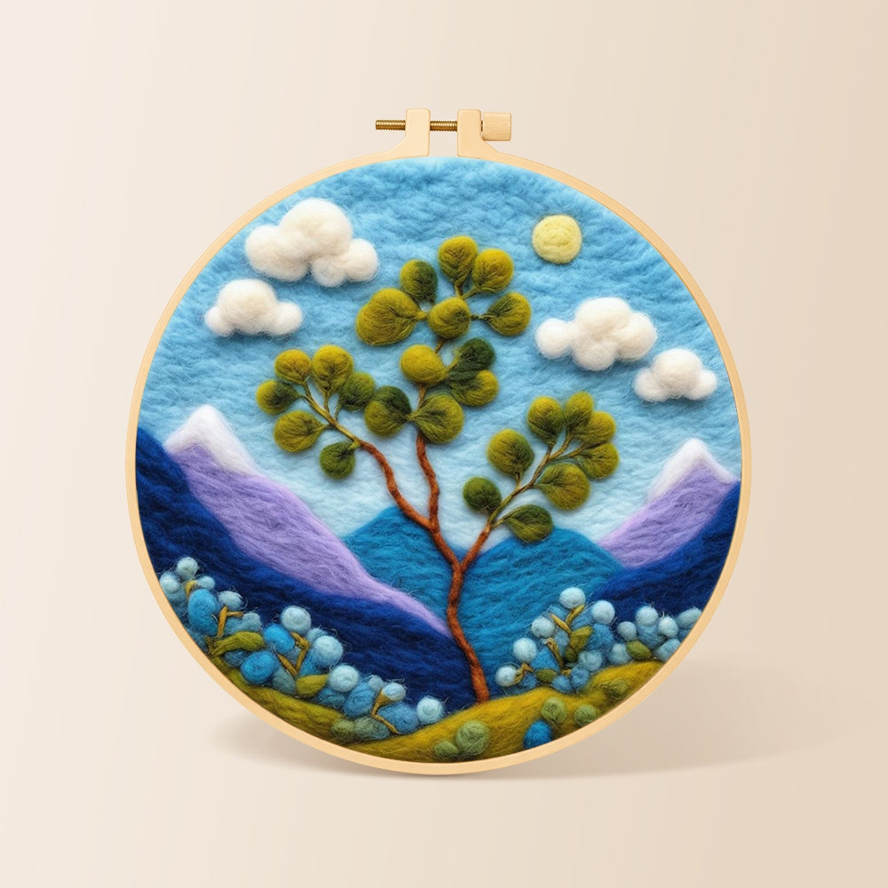 Bifurcated tree and mountains needle felting kit for beginners with a round wooden frame