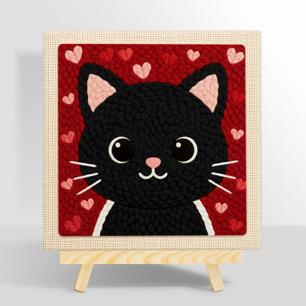 Big-eyed black cat face punch needle kit for beginners
