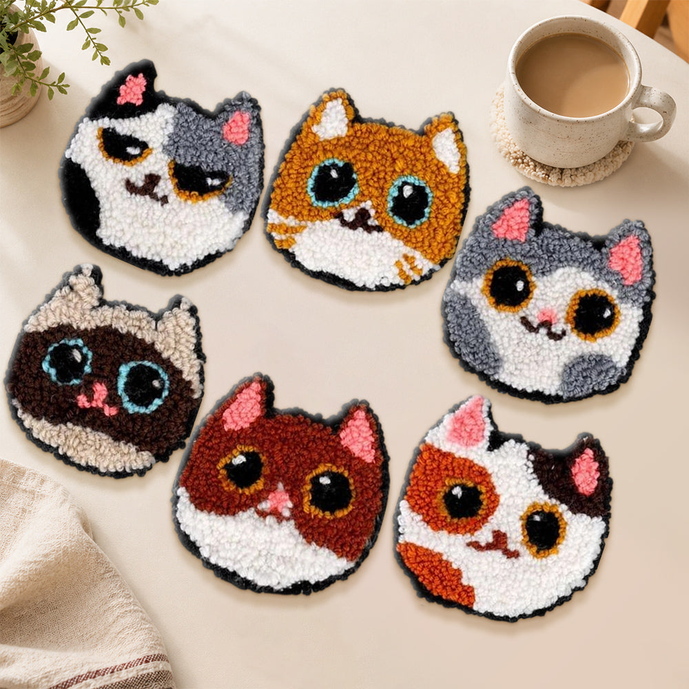 Big-eyed cat faces punch needle coasters used for home decoration