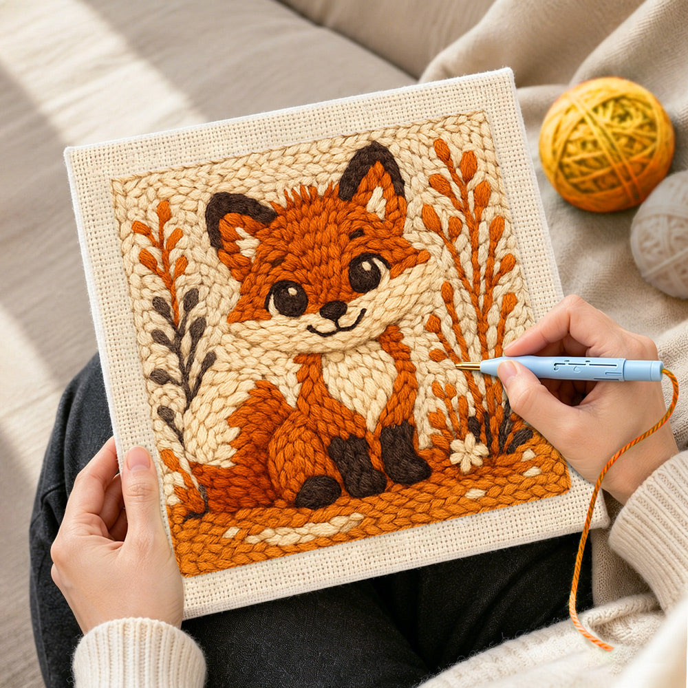 Creating handmade big-eyed fox with autumn grass punch needle artwork