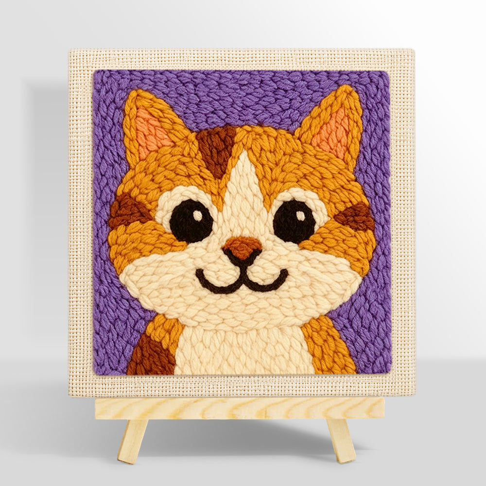 Big-eyed orange tabby cat punch needle kit for beginners