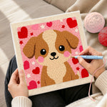 Creating handmade big-eyed puppy with red hearts punch needle artwork