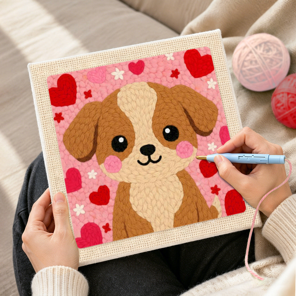 Creating handmade big-eyed puppy with red hearts punch needle artwork