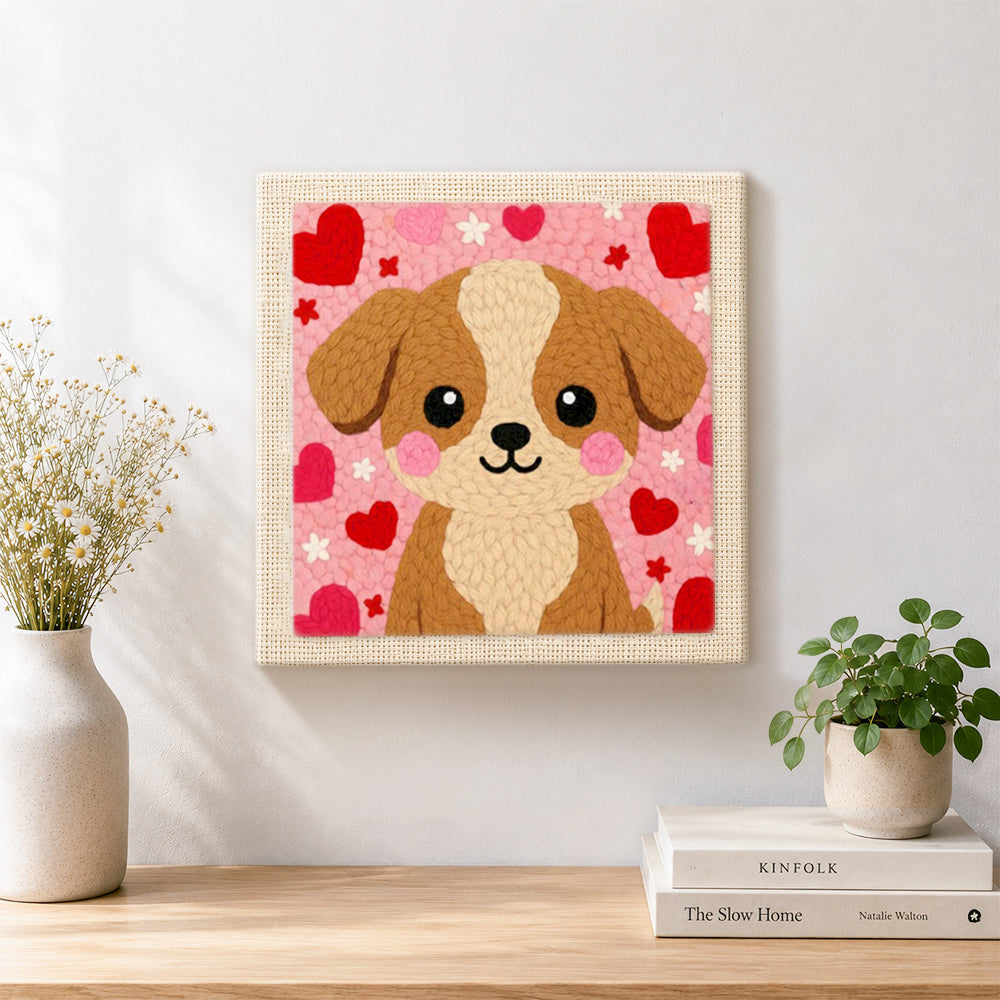 Finished big-eyed puppy with red hearts artwork displayed on a wall