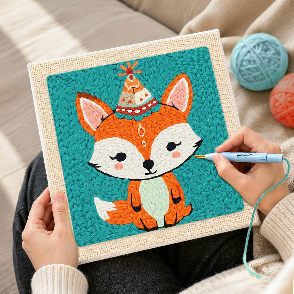 Creating handmade birthday party fox with cone hat punch needle artwork