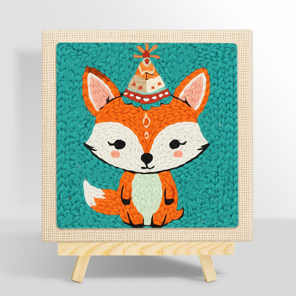 Birthday party fox with cone hat punch needle kit for beginners