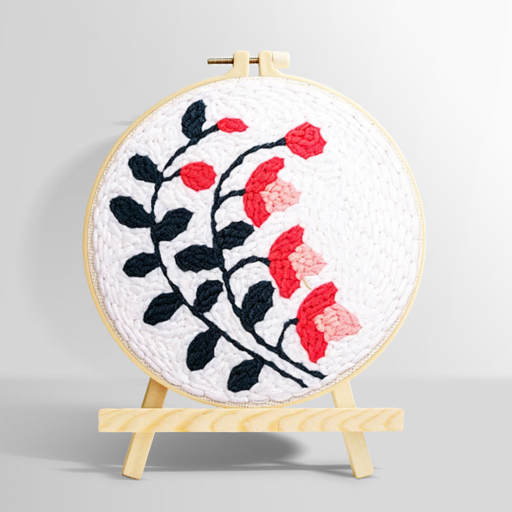 Black branches with pink and red blooms punch needle kit for beginners