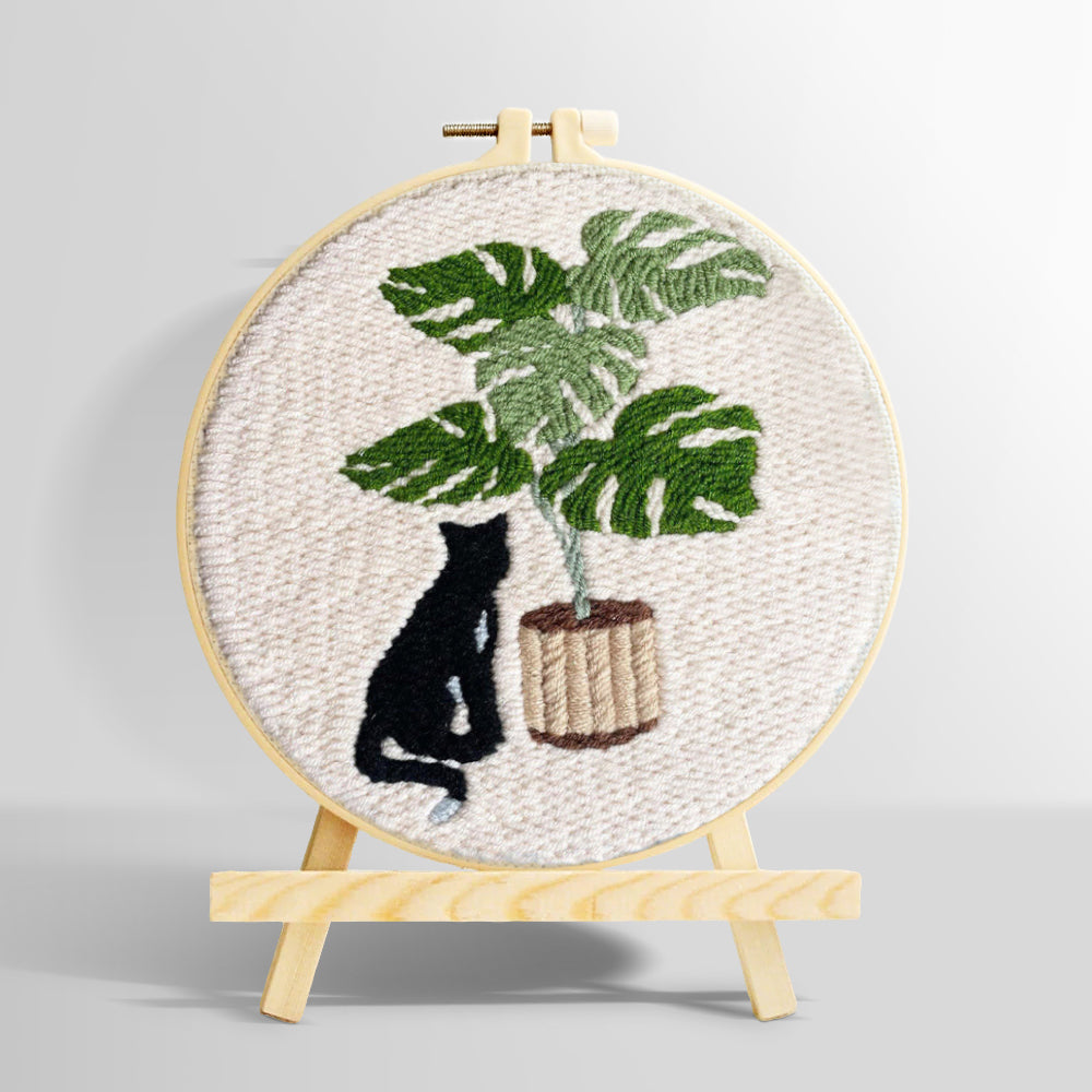 Black cat and monstera plant punch needle kit for beginners