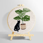 Black cat and monstera plant punch needle kit for beginners