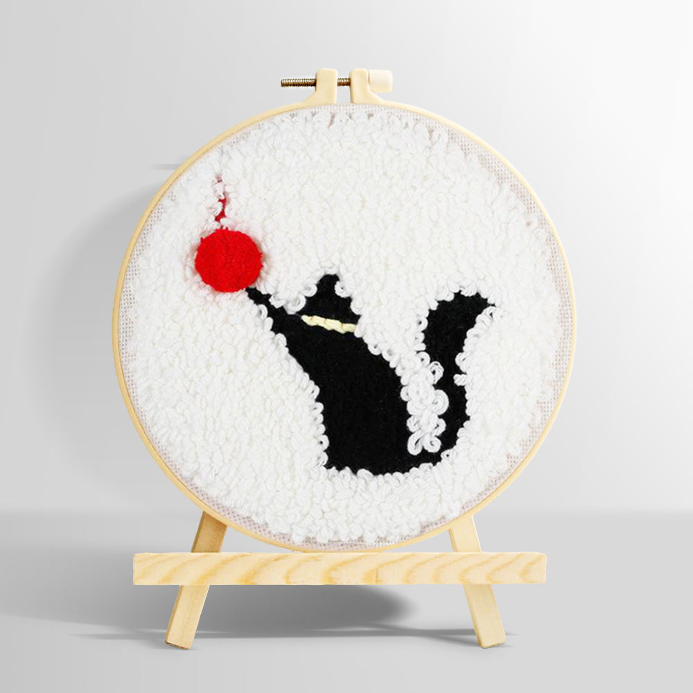 Black cat and red ball of yarn punch needle kit for beginners