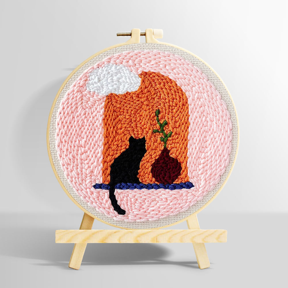Black cat and terracotta vase punch needle kit for beginners