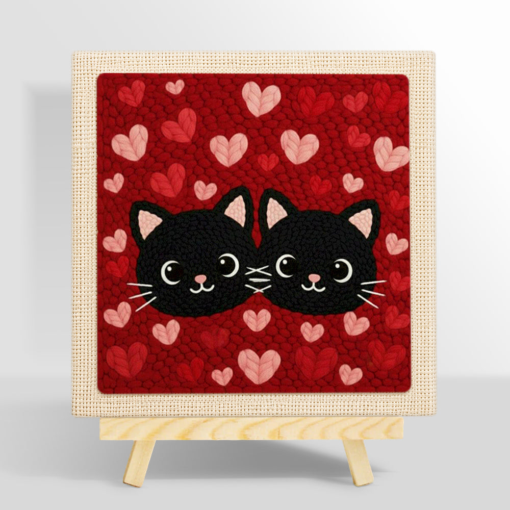 Black cat couple surrounded by hearts punch needle kit for beginners