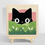 Black cat in green meadow punch needle kit for beginners