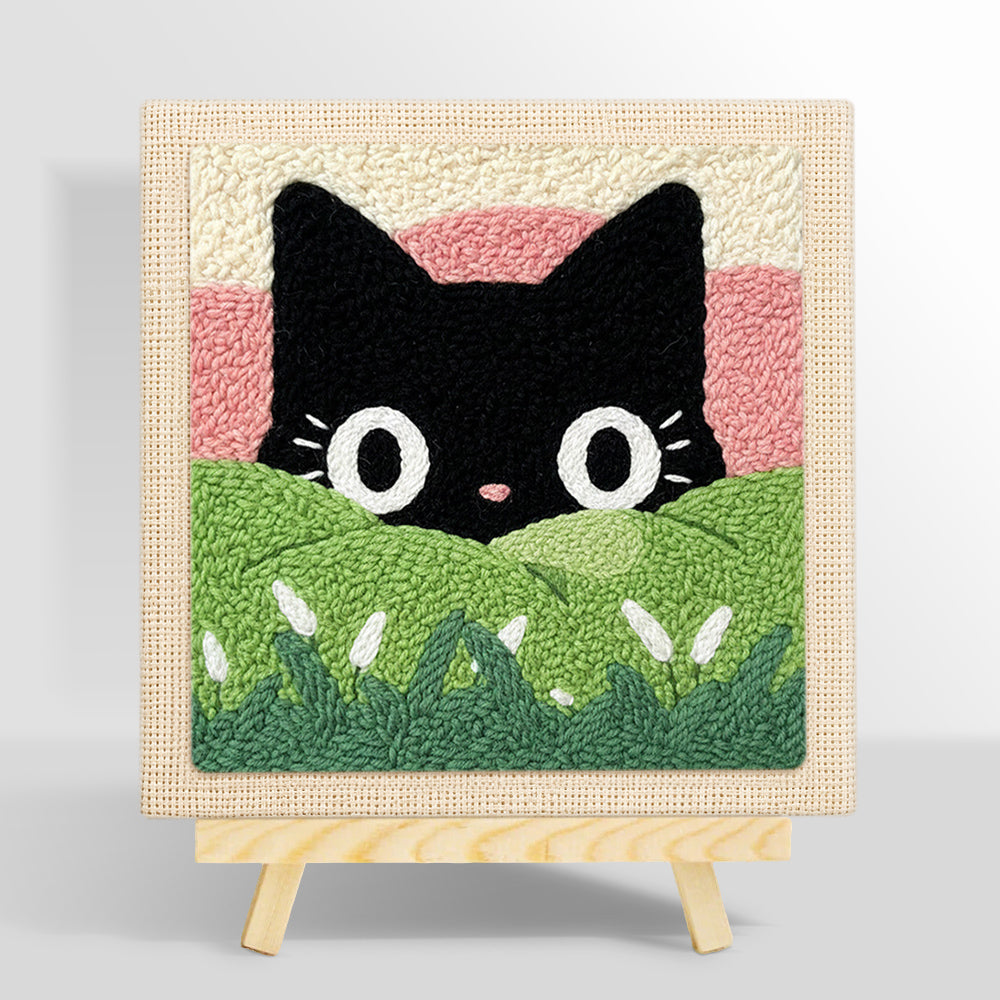 Black cat in green meadow punch needle kit for beginners