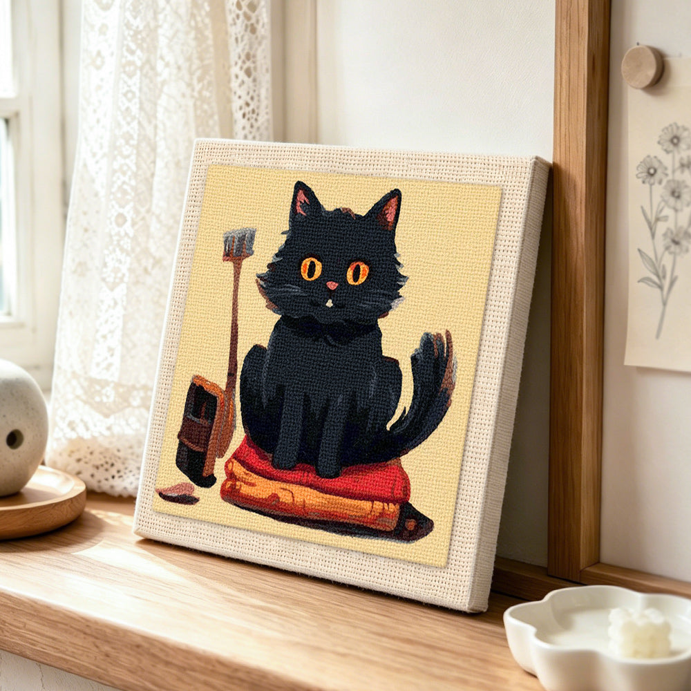 Black cat on blankets punch needle artwork displayed on a table