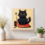 Finished black cat on blankets artwork displayed on a wall