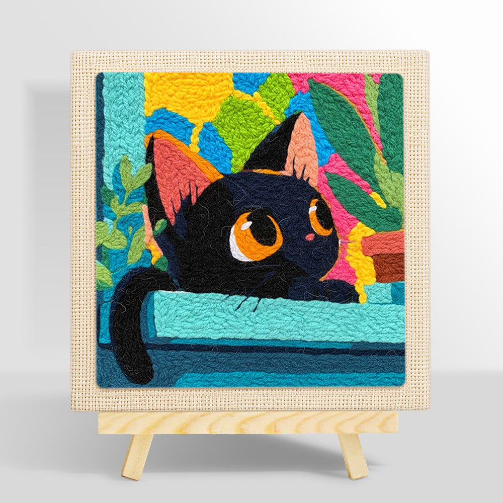 Black cat with colourful abstract leaves punch needle kit for beginners