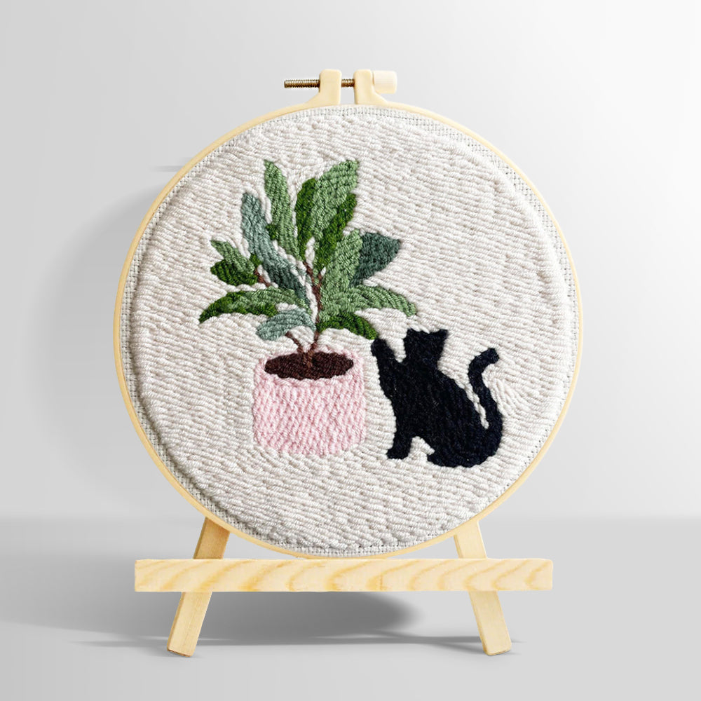 Black cat with houseplant punch needle kit for beginners