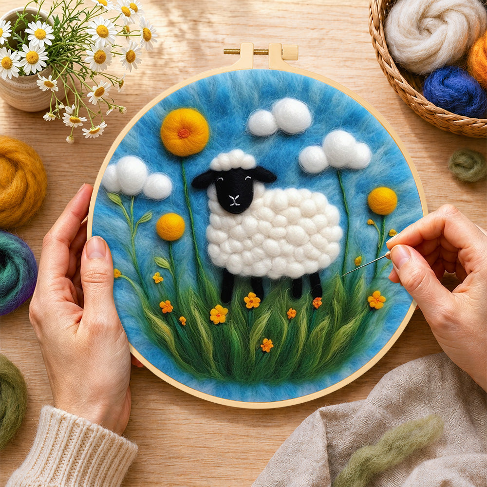 Creating the black-faced sheep with giant yellow flowers wool painting by hand with a felting needle