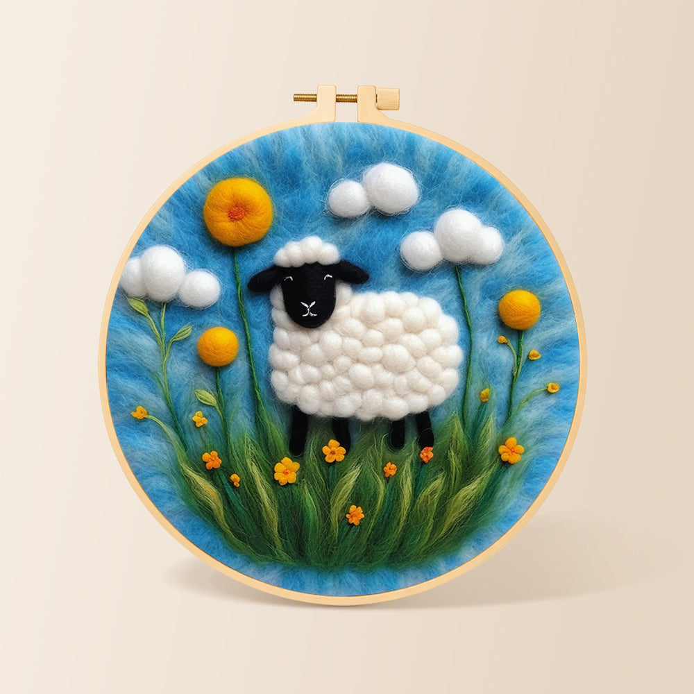 Black-faced sheep with giant yellow flowers needle felting kit for beginners with a round wooden frame