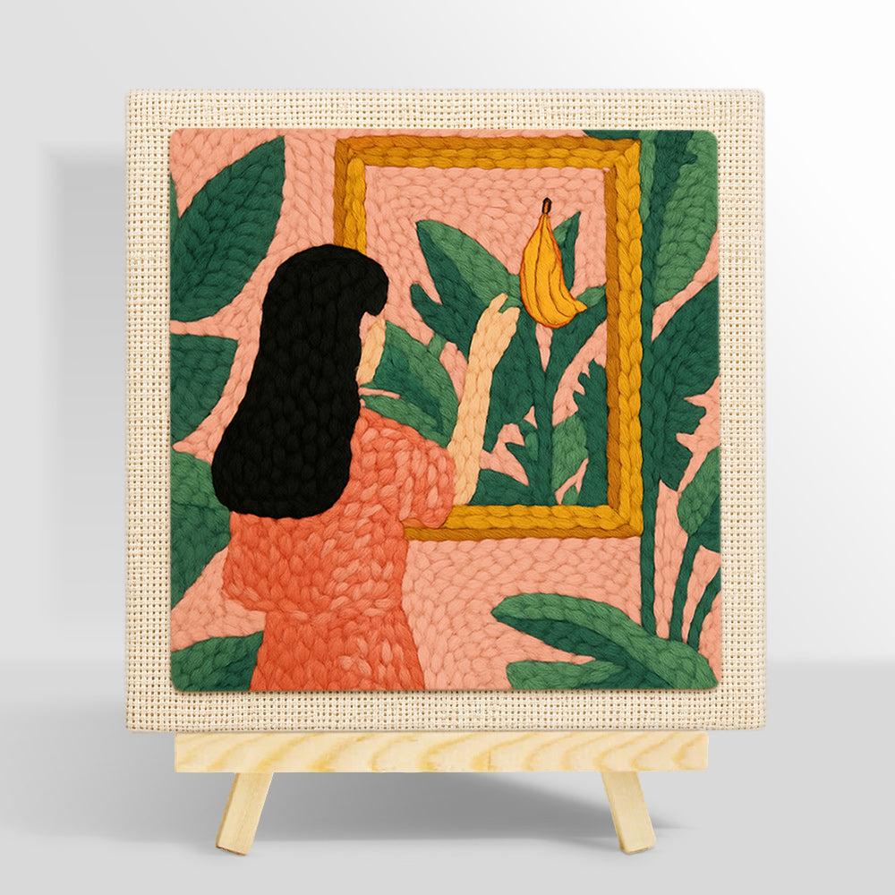Black hair woman, tropical leaves and framed banana punch needle kit for beginners