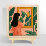 Black hair woman, tropical leaves and framed banana punch needle kit for beginners