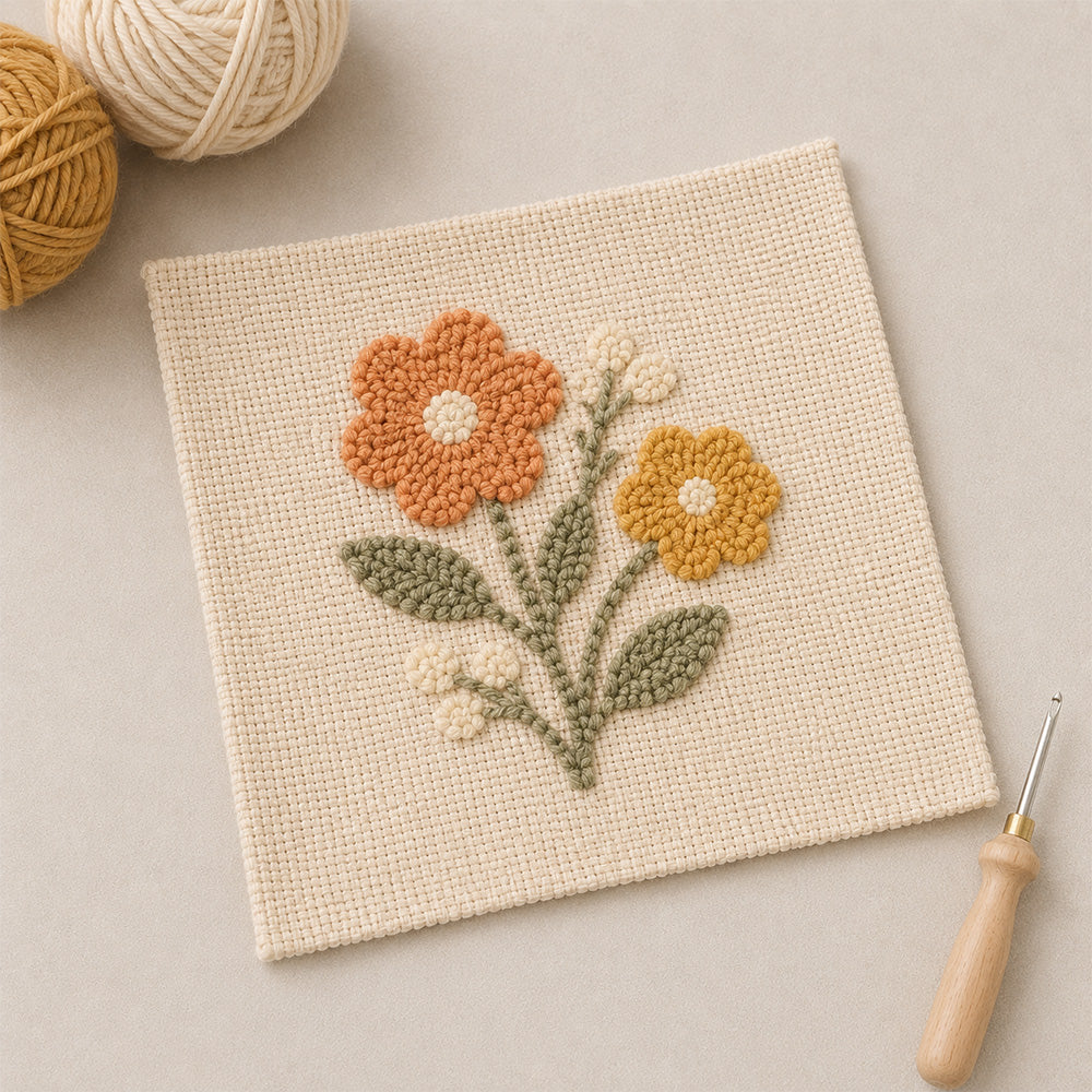 Finished punch needle project made on blank punch needle practice cloth