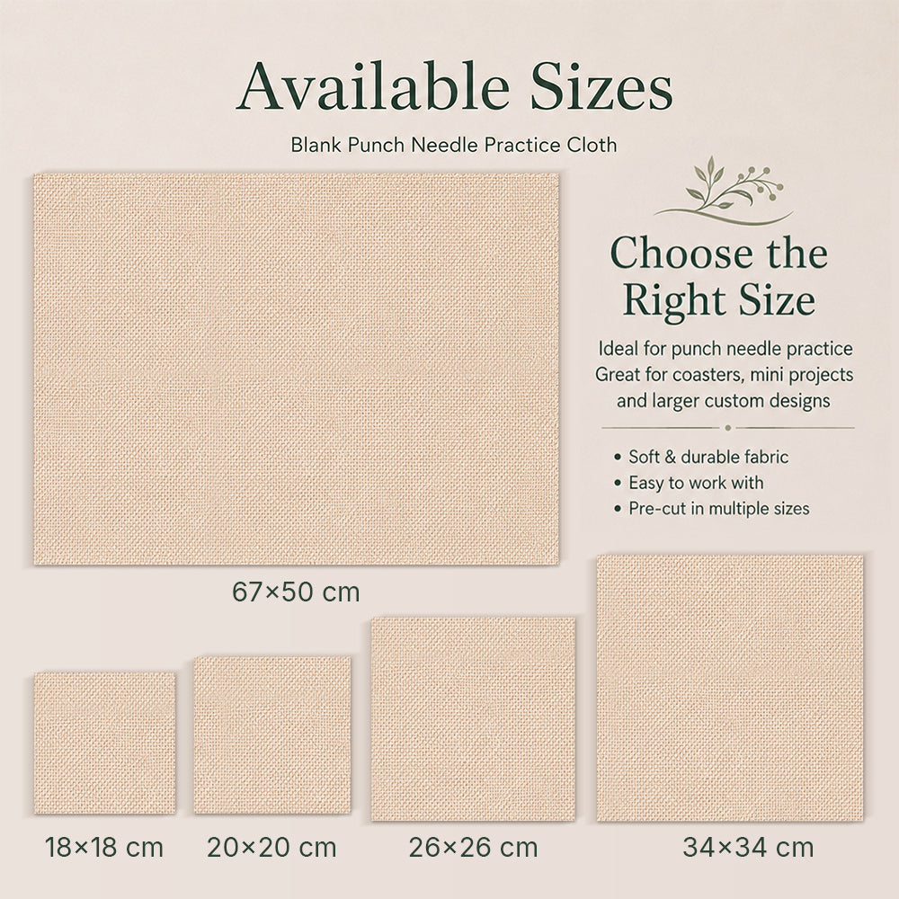Size guide for 5pcs blank punch needle practice cloth with available size options