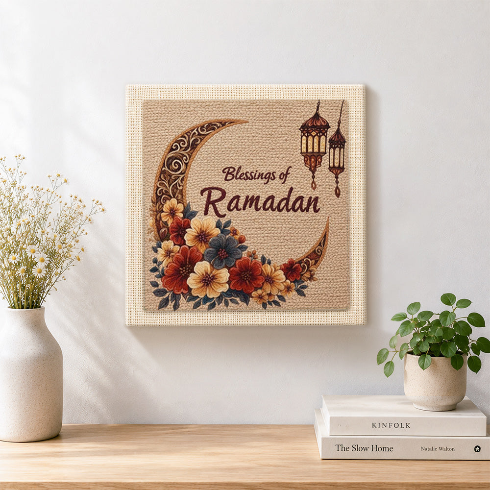 Finished blessings of ramadan and floral crescent moon artwork displayed on a wall