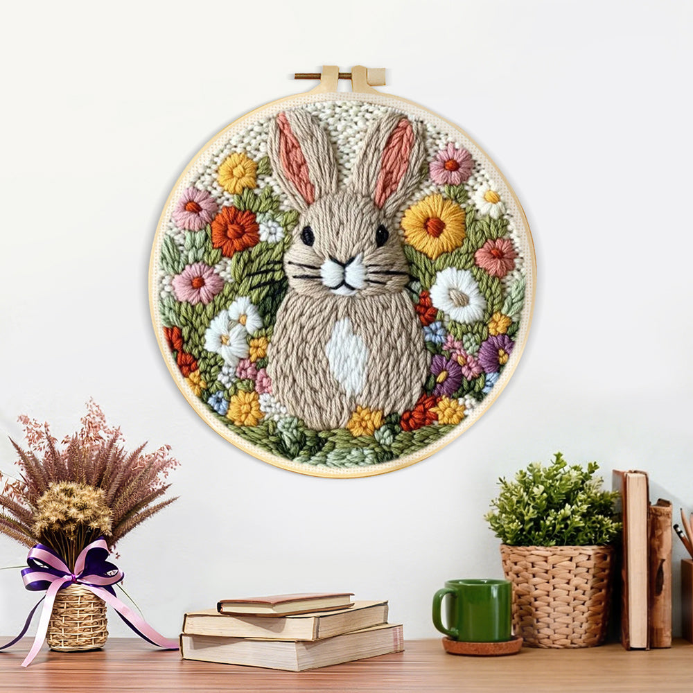 Finished blooming bunny garden artwork displayed on a wall