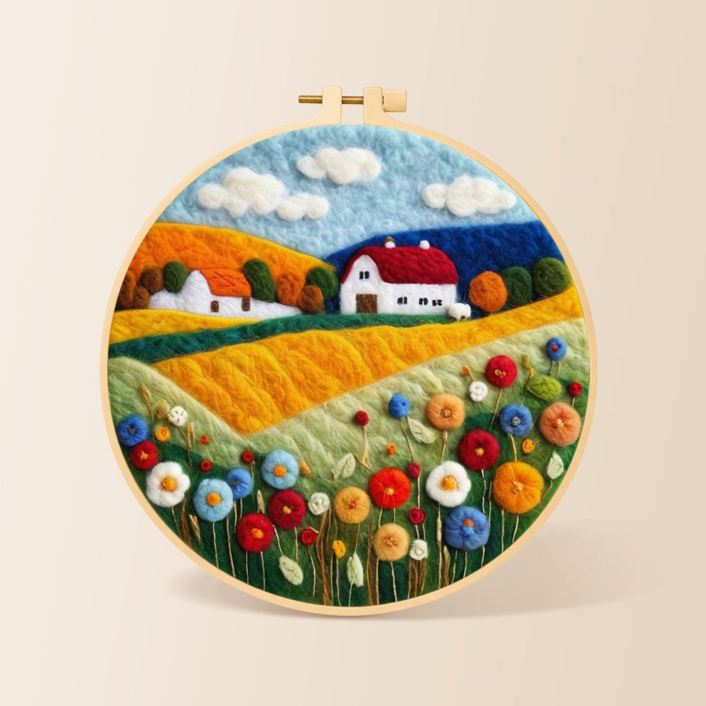 Blooming flower field and red roof cottage needle felting kit for beginners with a round wooden frame