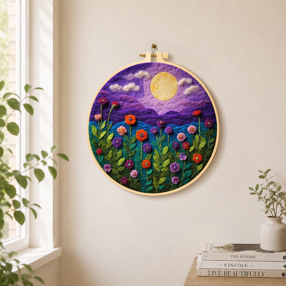 Blooming flowers under the purple night moon needle felt wall art displayed in a bright home interior