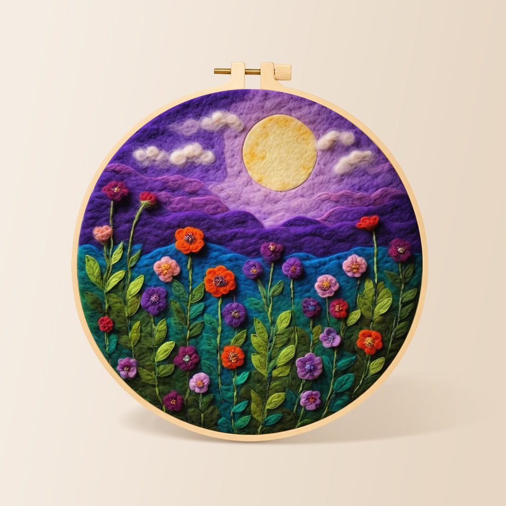 Blooming flowers under the purple night moon needle felting kit for beginners with a round wooden frame