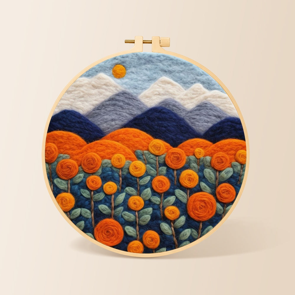Blooming orange roses and mountains needle felting kit for beginners with a round wooden frame