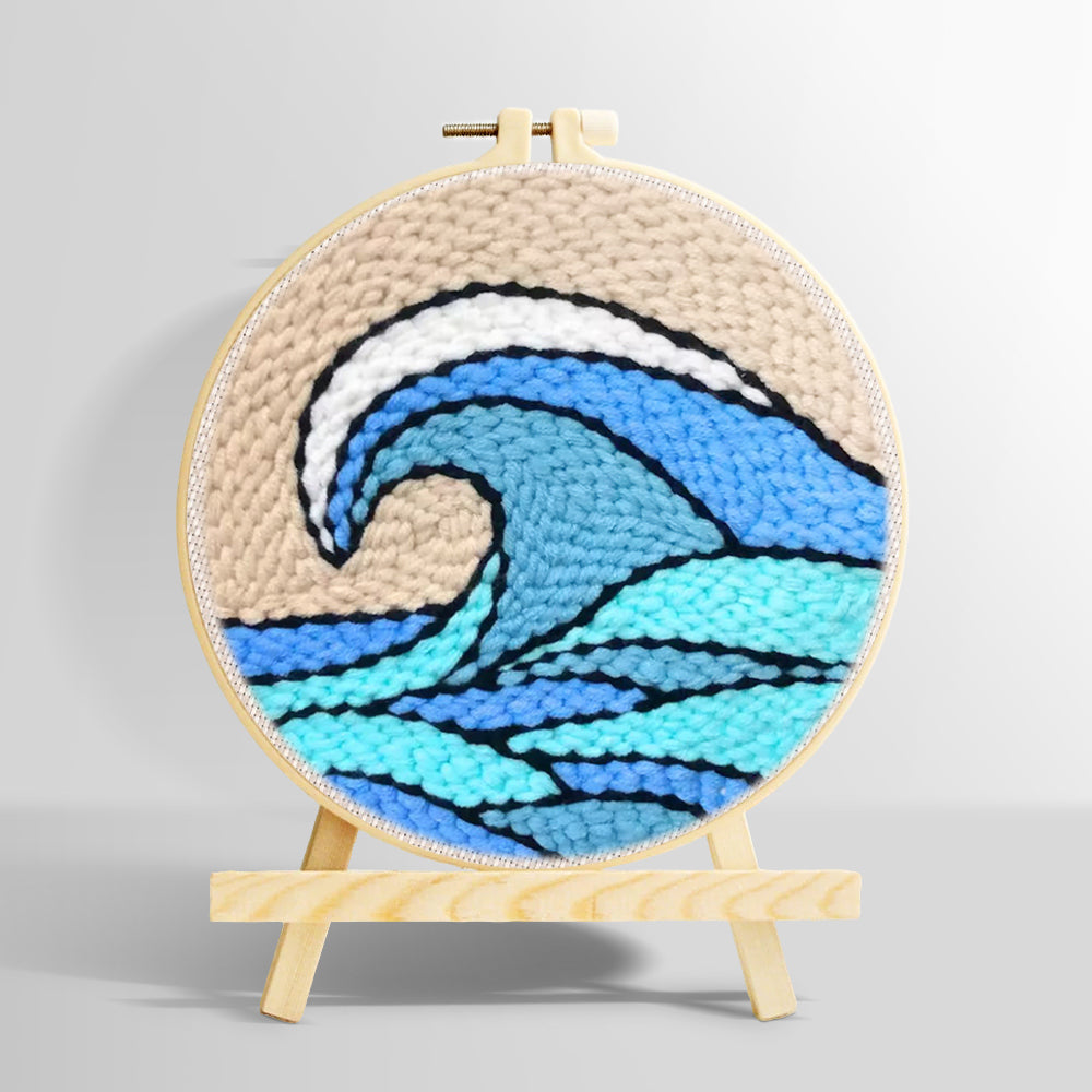 Blue and teal rolling wave with beige sky punch needle kit for beginners