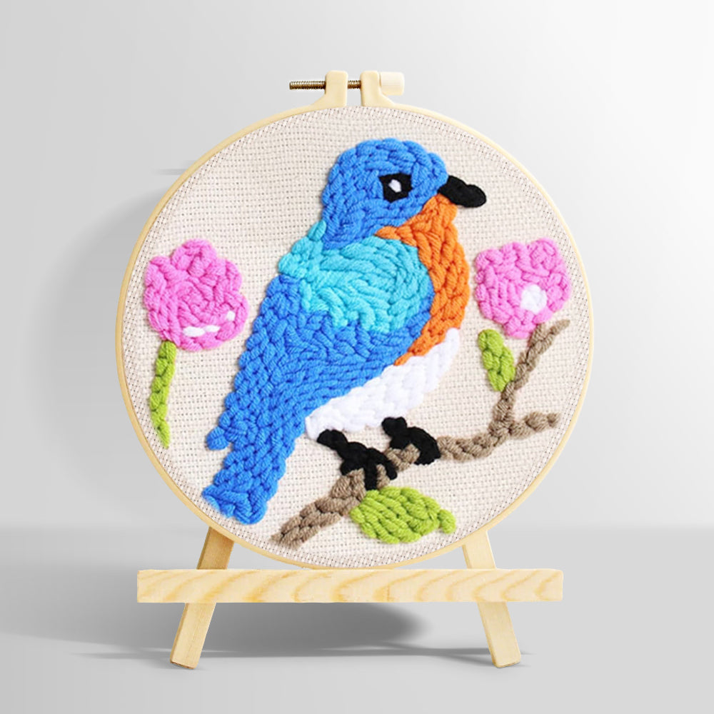 Blue bird and pink flowers punch needle kit for beginners