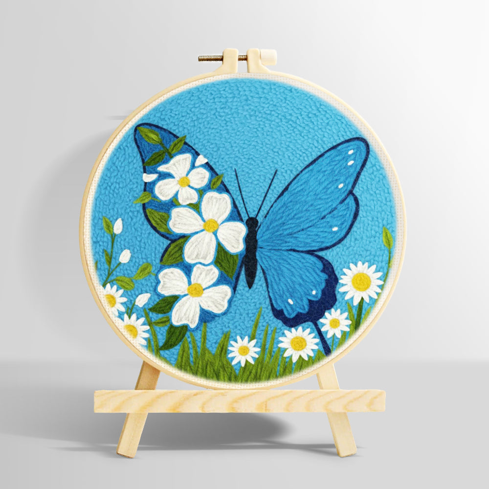 Blue butterfly and white daisies punch needle kit for beginners