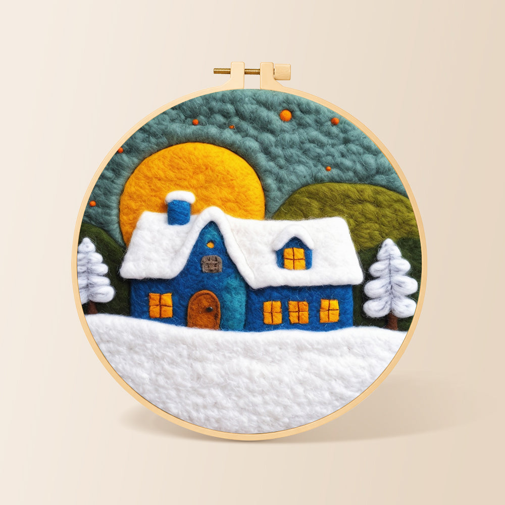 Blue cottage under the big yellow moon needle felting kit for beginners with a round wooden frame