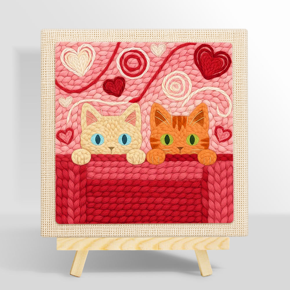 Blue-eyed and green-eyed cats peeking punch needle kit for beginners