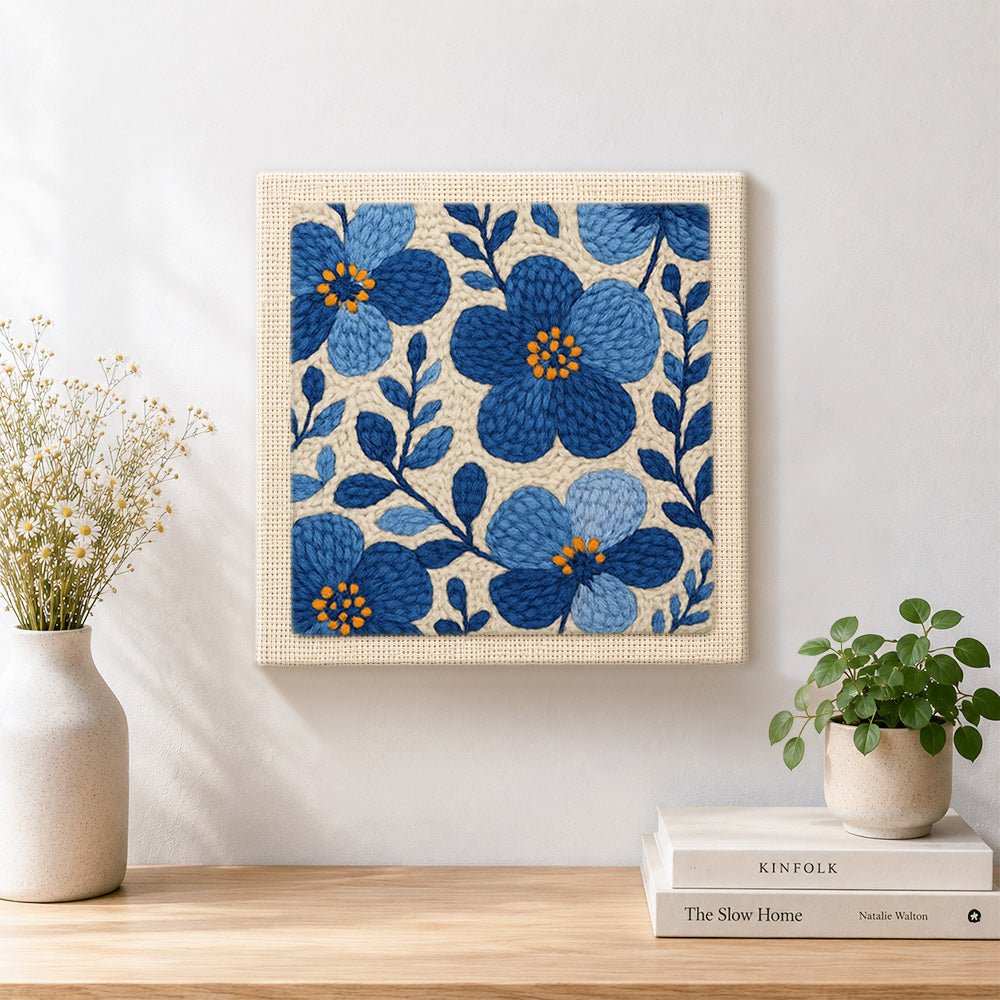 Finished blue florals artwork displayed on a wall
