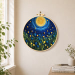 Blue flower meadow under the swirling night needle felt wall art displayed in a bright home interior