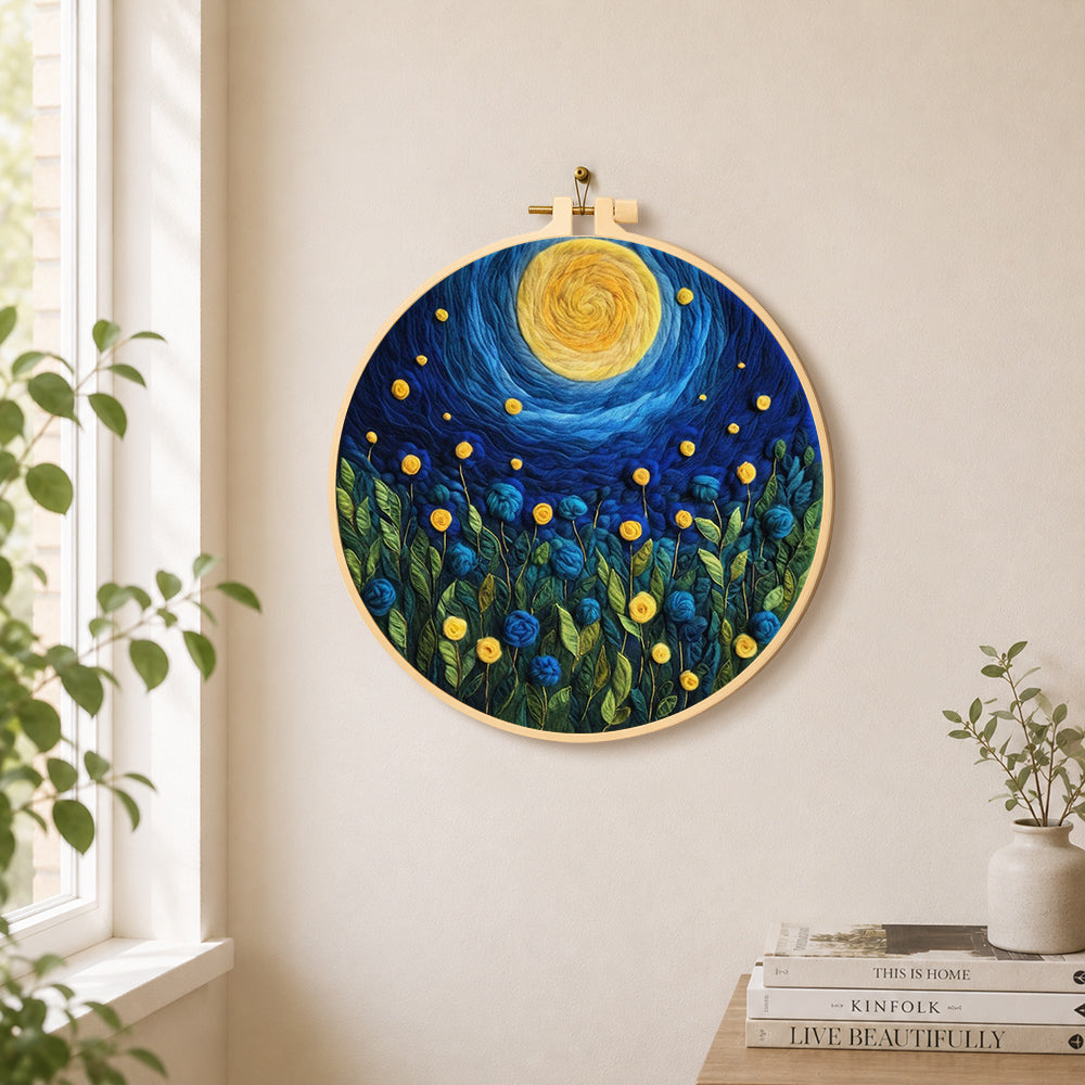 Blue flower meadow under the swirling night needle felt wall art displayed in a bright home interior