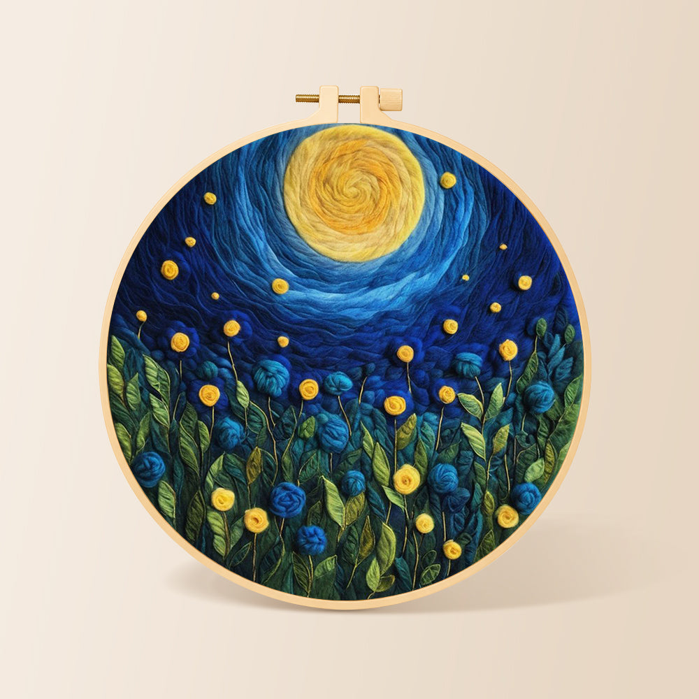 Blue flower meadow under the swirling night needle felting kit for beginners with a round wooden frame