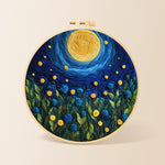 Blue flower meadow under the swirling night needle felting kit for beginners with a round wooden frame