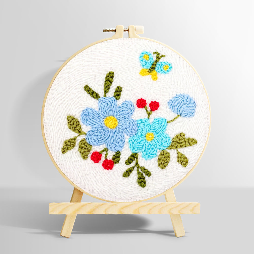 Blue flowers and little butterfly punch needle kit for beginners
