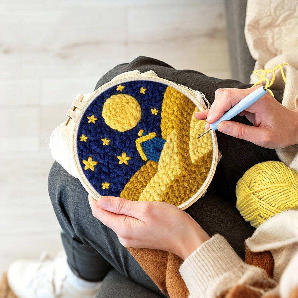 Creating handmade blue house on yellow hills under the starry sky punch needle artwork