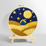 Blue house on yellow hills under the starry sky punch needle kit for beginners