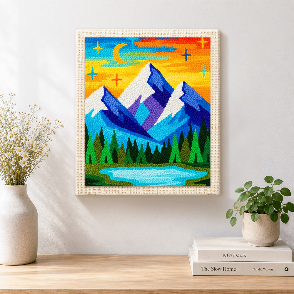 Finished blue mountains under the dreamy starry night artwork displayed on a wall
