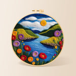 Blue river and enchanting poppies needle felting kit for beginners with a round wooden frame